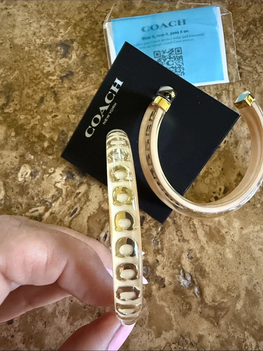 Coach Beige and Gold Hoop Earrings - Picture 4 of 5